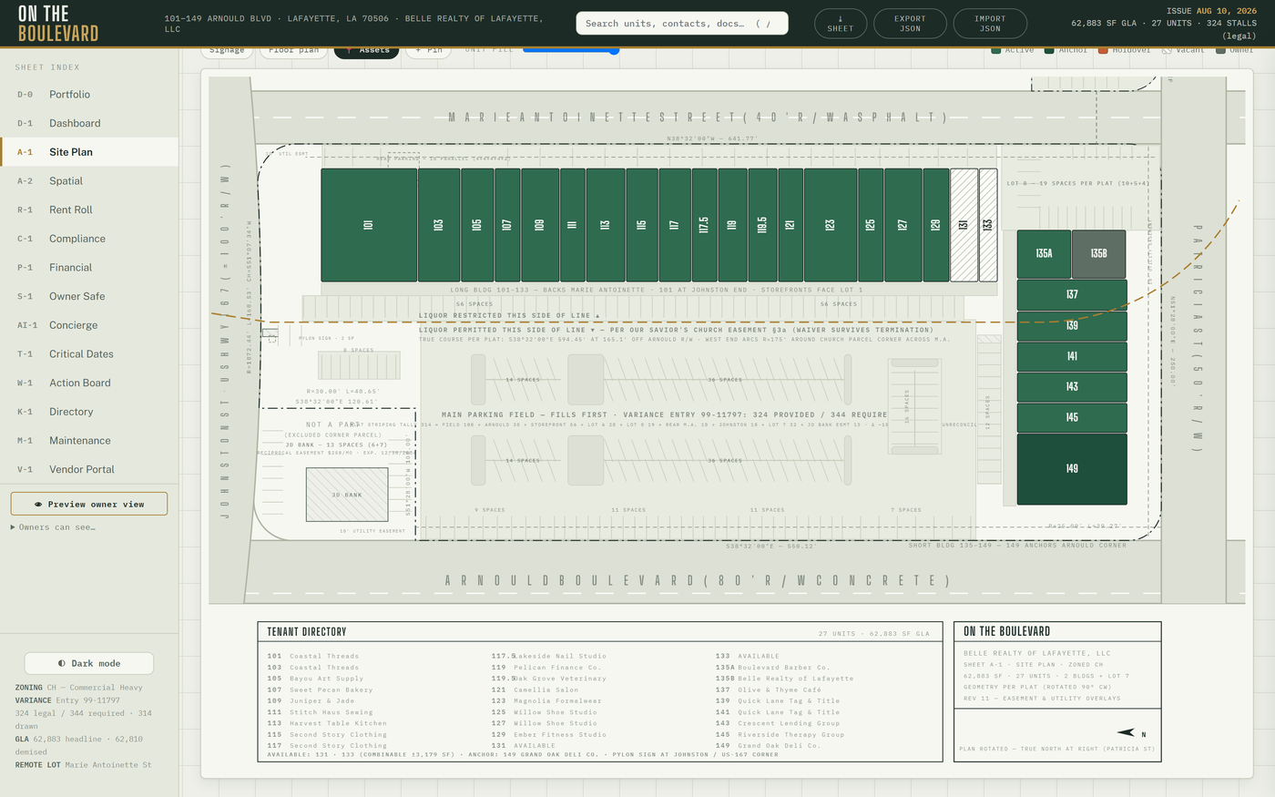 Atlas sheet A-1, the site plan: every unit drawn on the recorded plat with streets, parking counts, easement notes, and a full tenant directory in the title block below