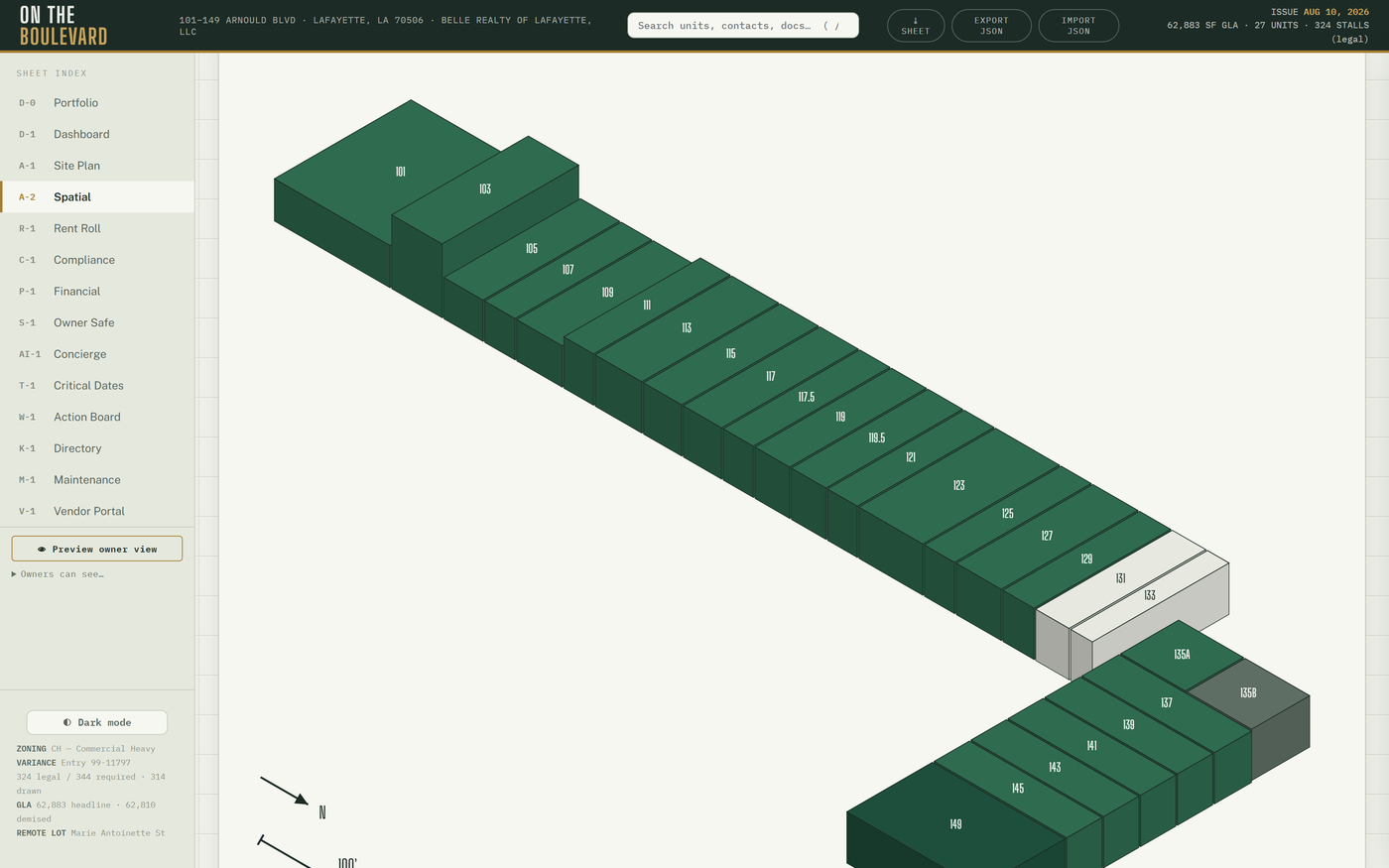 Atlas sheet A-2, the Spatial sheet in its isometric lens: every unit massed to real CAD heights along the long building and the short building, with a north arrow and scale