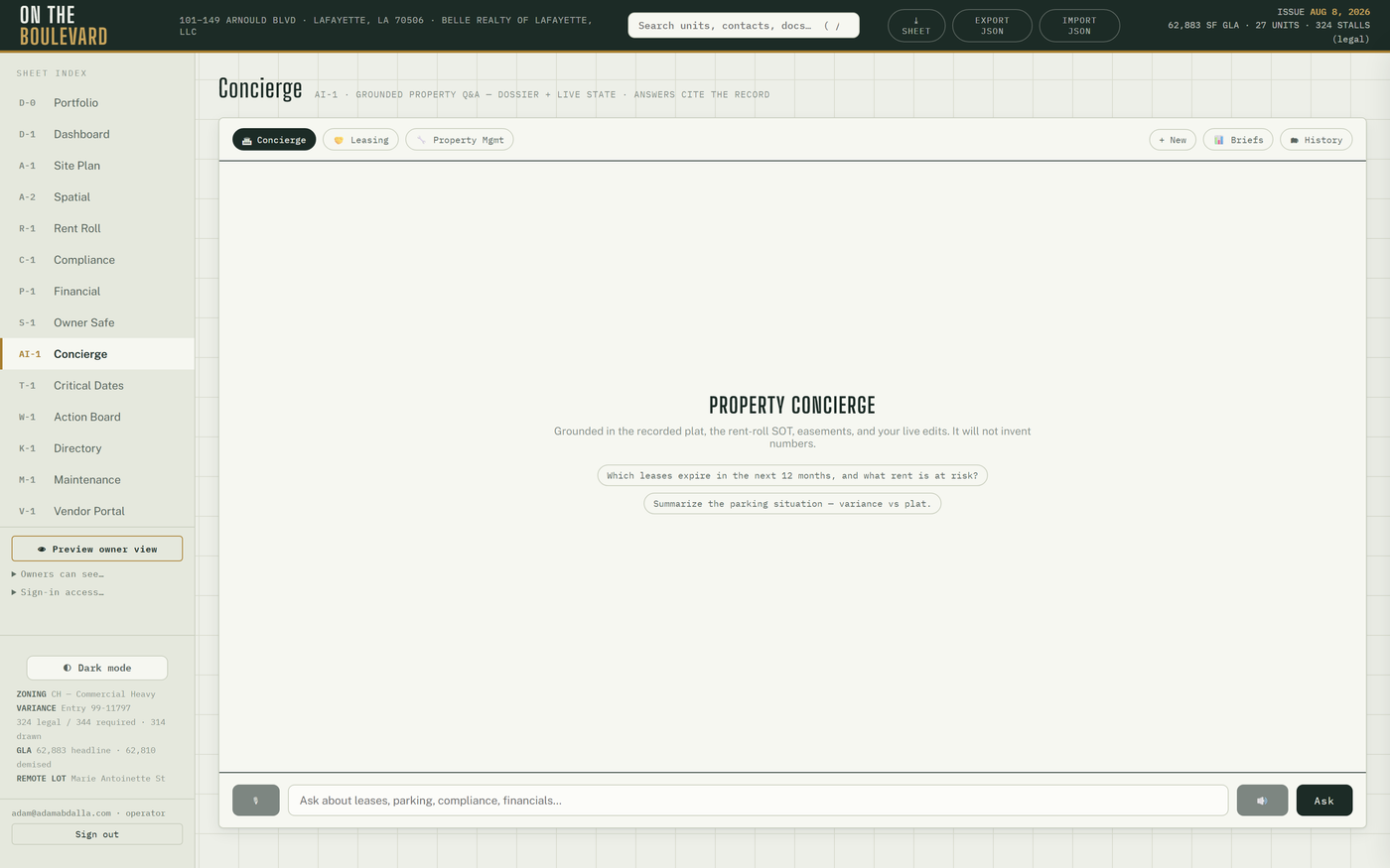 Atlas sheet AI-1, the Property Concierge: tabs for Concierge, Leasing, and Property Management, a note that answers are grounded in the recorded plat and rent roll and will not invent numbers, and suggested questions about lease expirations and parking