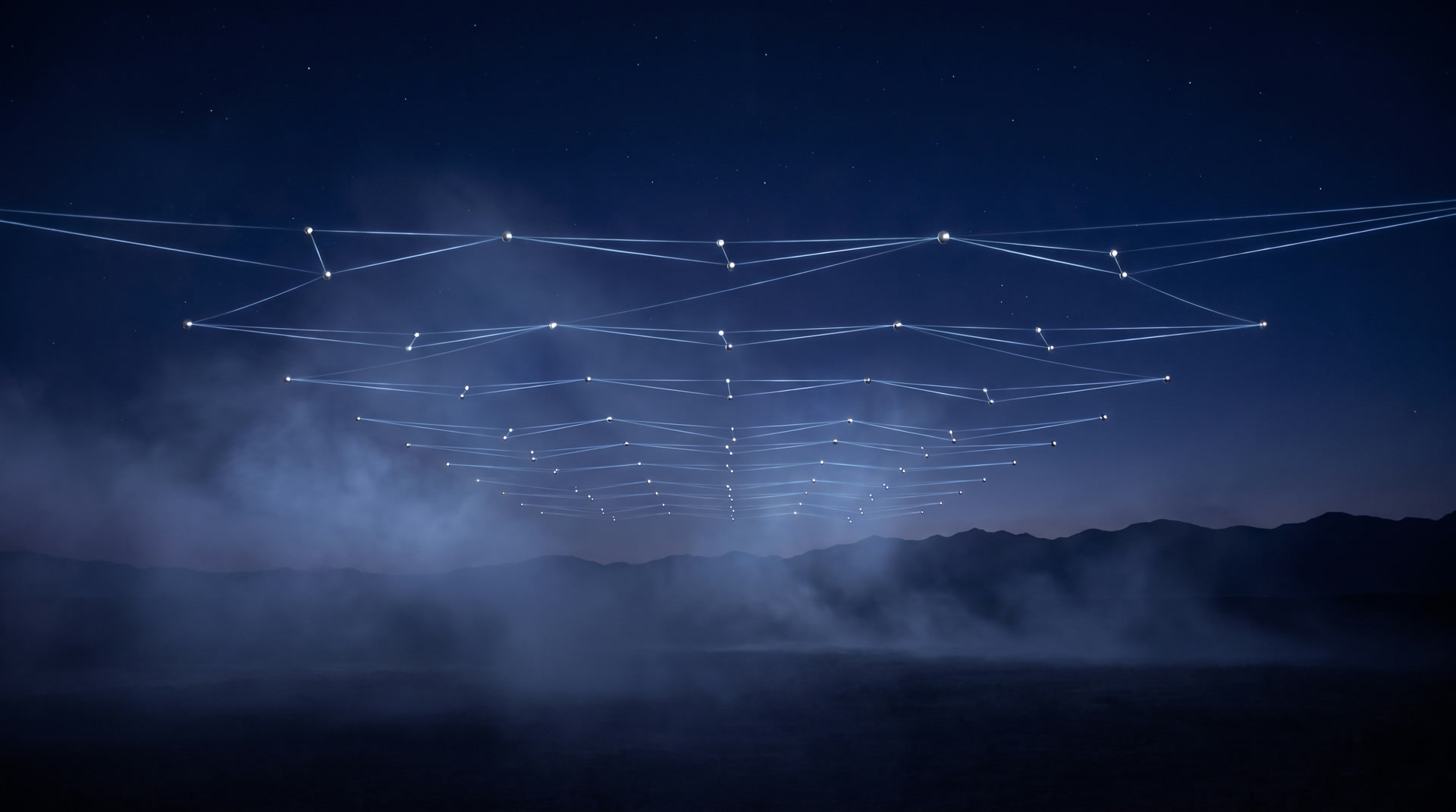 A constellation of connected points of light over night mist